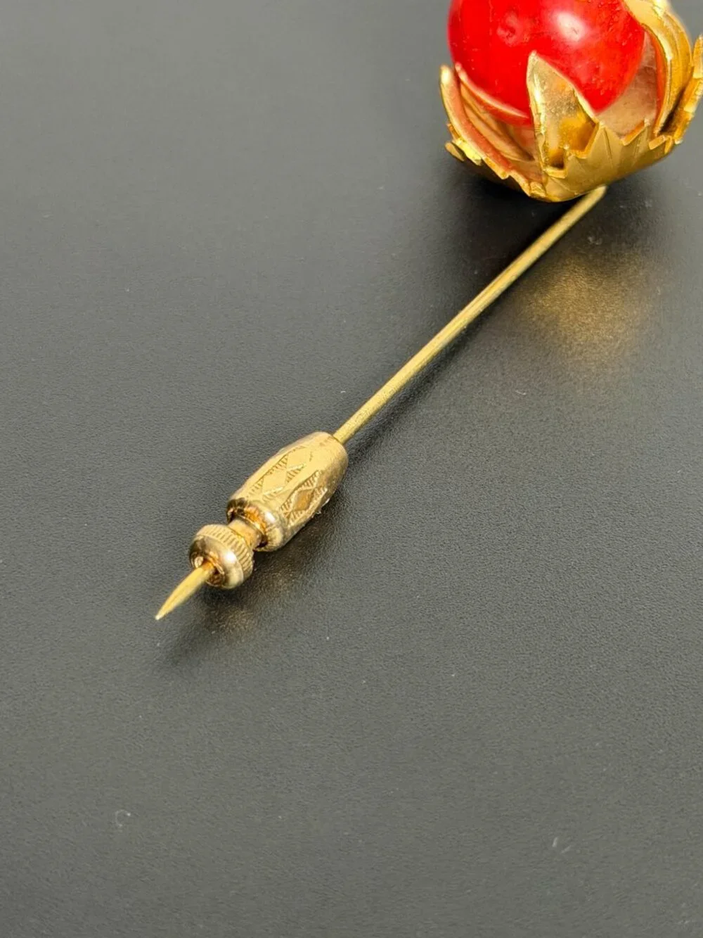 Vintage Red Crackle Glass Hat Pin Gold Tone Flower Stick Pin Victorian Revival
